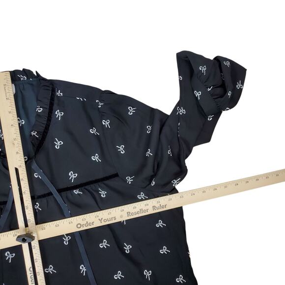 J Crew Velvet Tie Neck Top Bow Print Womens XL Black Ivory Blouse Long Sleeve - Picture 12 of 14